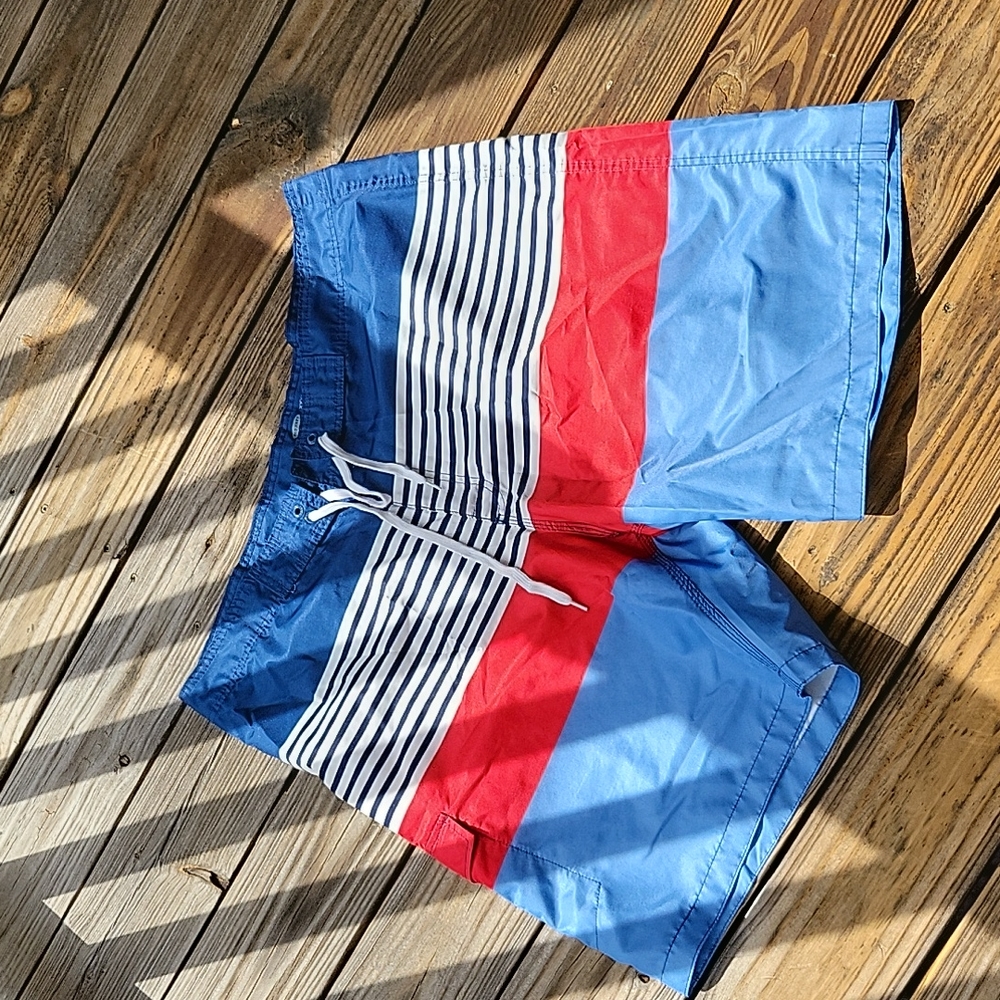 Red white and blue swim trunks